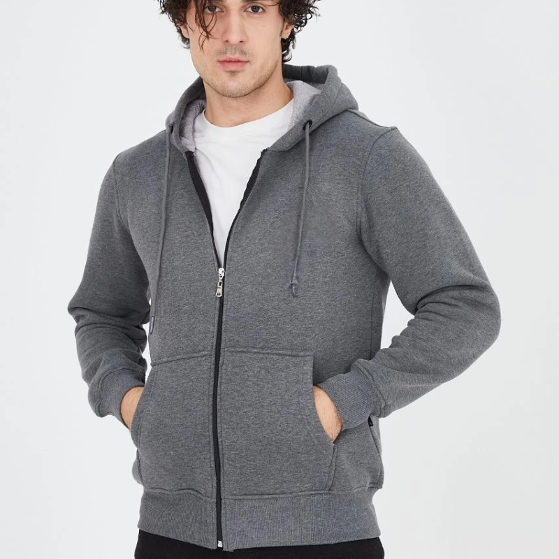 Tam Fermuarlı Kapşonlu  SweatShirt - Füme -